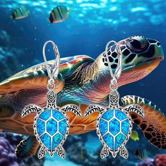 Sterling Silver Turtle Earrings Blue Opal Dangle Ocean Jewelry for Women - Picture 4 of 9